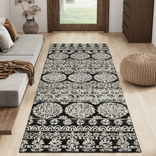 jinchan Boho Area Rug 4x6 Machine Loomed Vintage Floral Black White