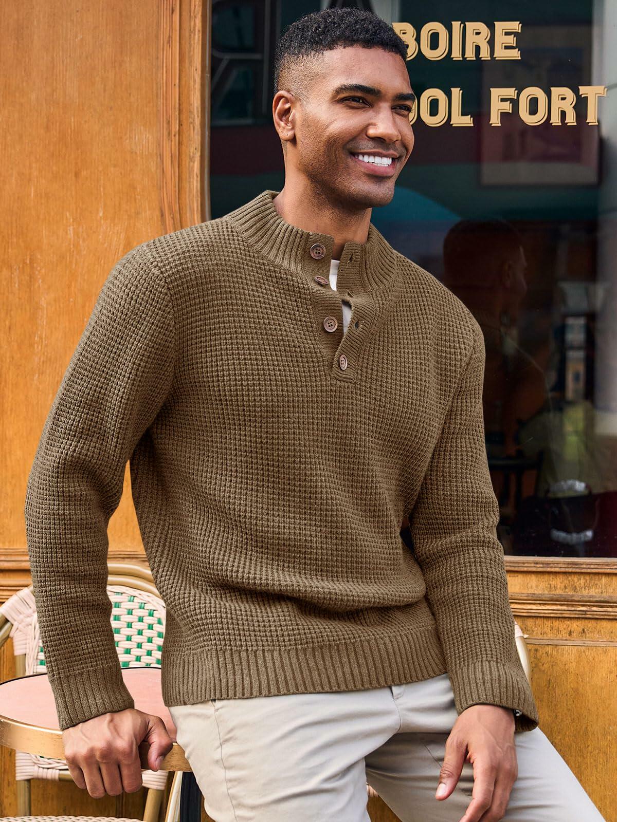 Mens Waffle Knit Pullover Sweater Quarter Button Stand Collar Brown Size XL