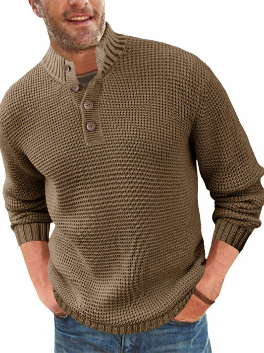 Mens Waffle Knit Pullover Sweater Quarter Button Stand Collar Brown Size XL