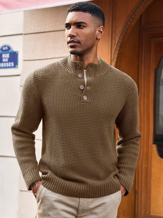 Mens Waffle Knit Pullover Sweater Quarter Button Stand Collar Brown Size XL