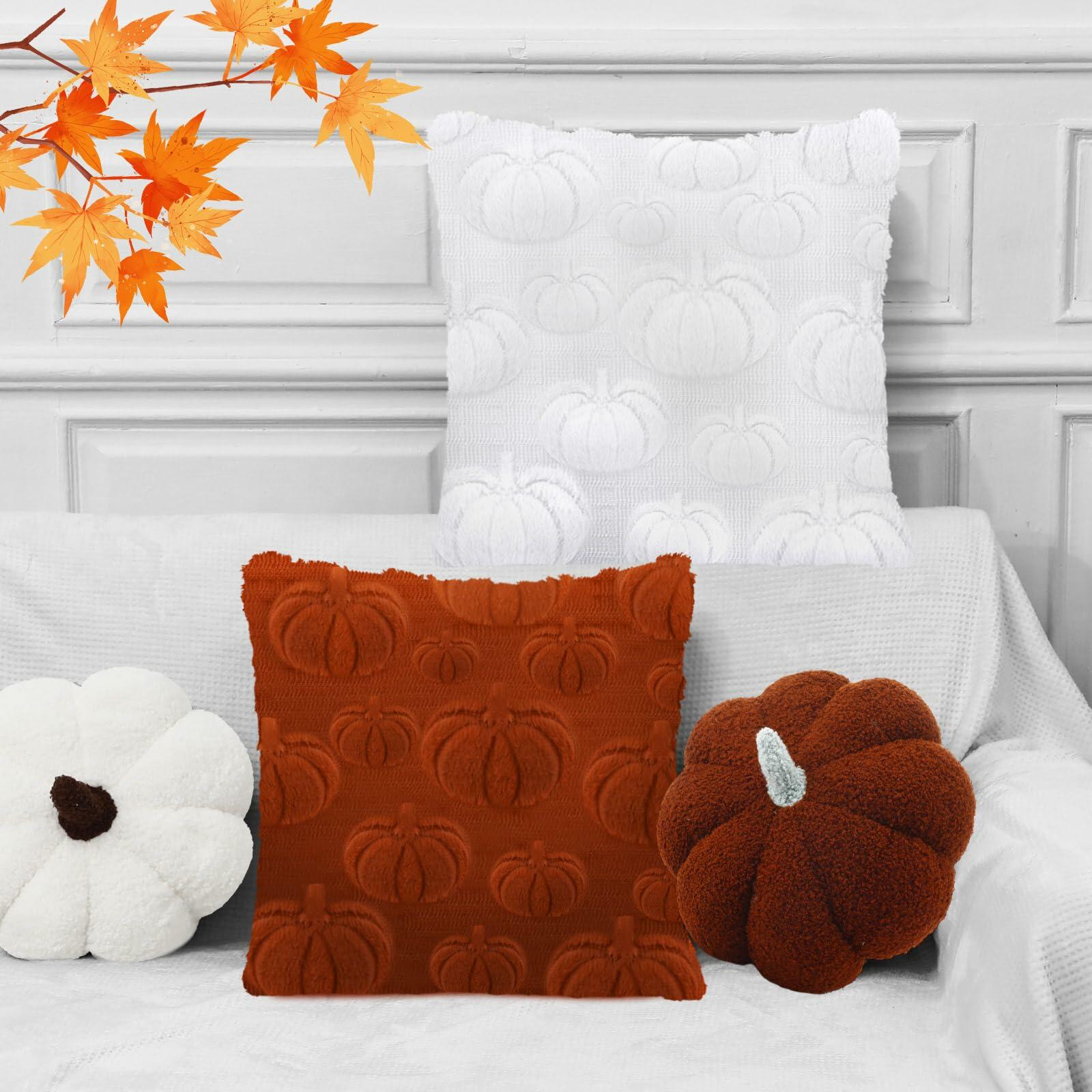 Beeveer 4 Pcs Pumpkin Throw Pillows 18x18in Brown White Sofa Cushion Covers