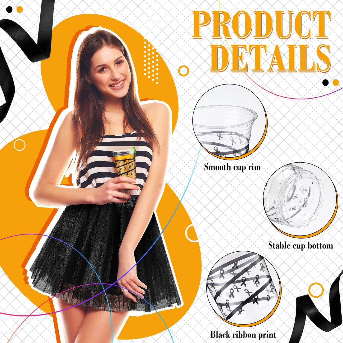 Skyley 100 Pcs 16 oz Black Rimmed Swirl Plastic Cups Disposable Party