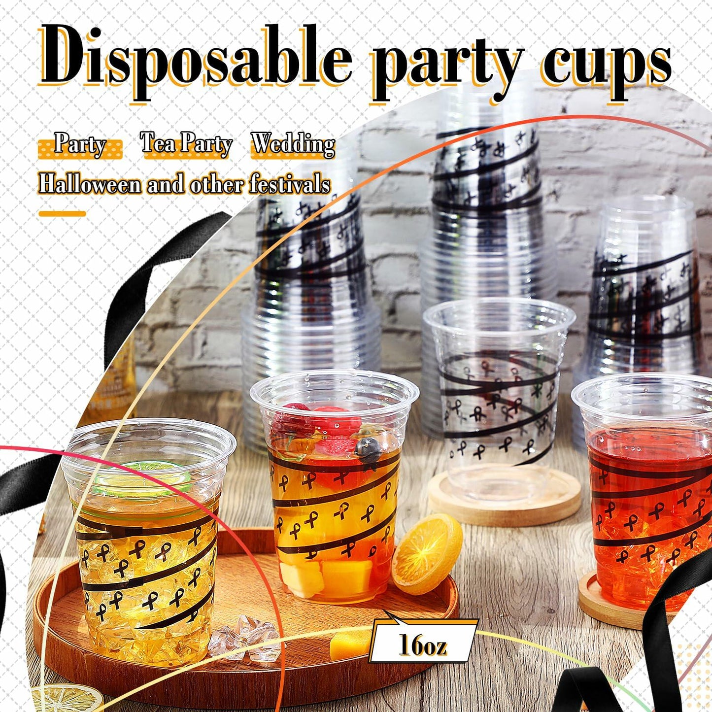 Skyley 100 Pcs 16 oz Black Rimmed Swirl Plastic Cups Disposable Party