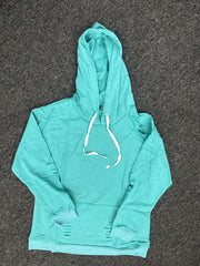 Women Hooded Distressed Sweatshirt Drawstring Kangaroo Pocket Greyblue Size M
