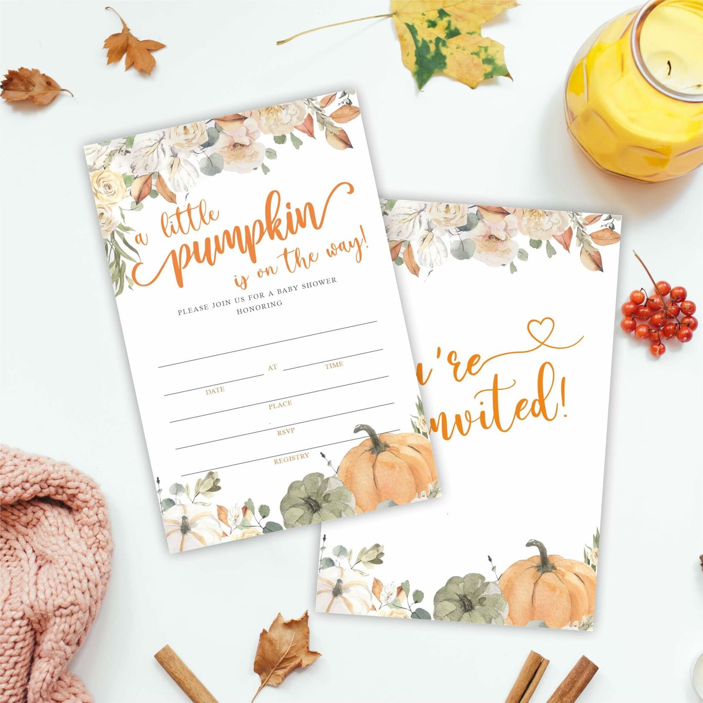Autumn Theme Baby Shower Invitations Set of 25 Watercolor Pumpkin Floral C04