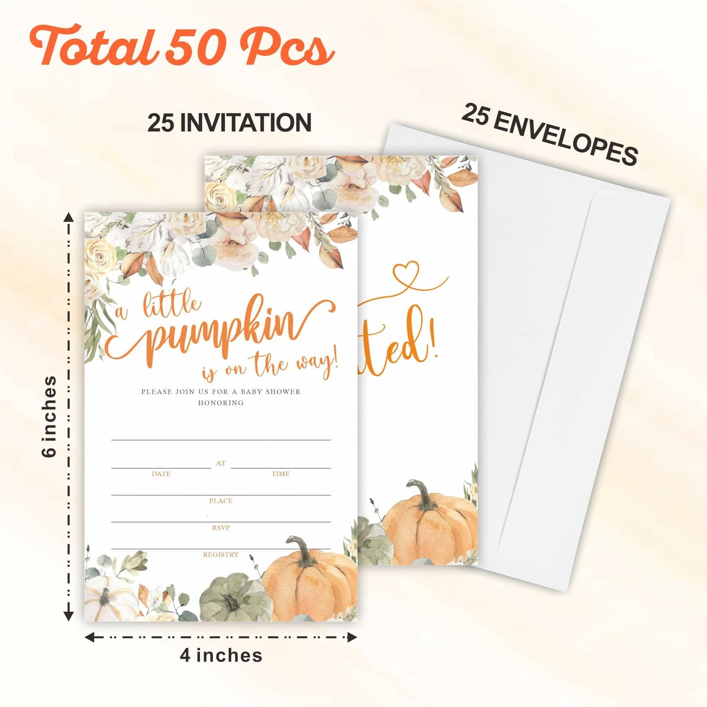 Autumn Theme Baby Shower Invitations Set of 25 Watercolor Pumpkin Floral C04