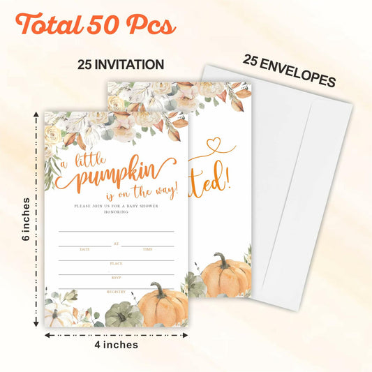 Autumn Theme Baby Shower Invitations Set of 25 Watercolor Pumpkin Floral C04