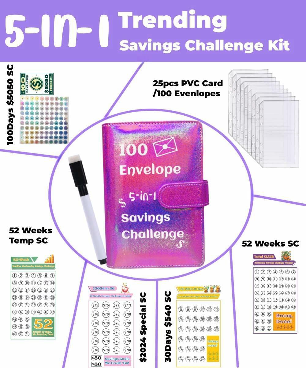 100 Envelope Challenge Binder 5-in-1 Budget Planner Shining Silver