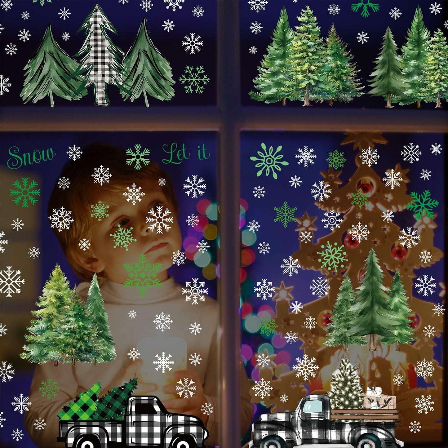134 PCS Christmas Window Stickers Buffalo Plaid Truck Snowflake Black White