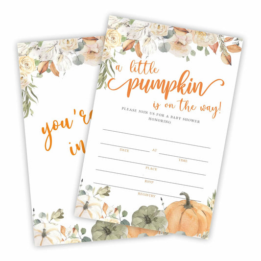 Autumn Theme Baby Shower Invitations Set of 25 Watercolor Pumpkin Floral C04