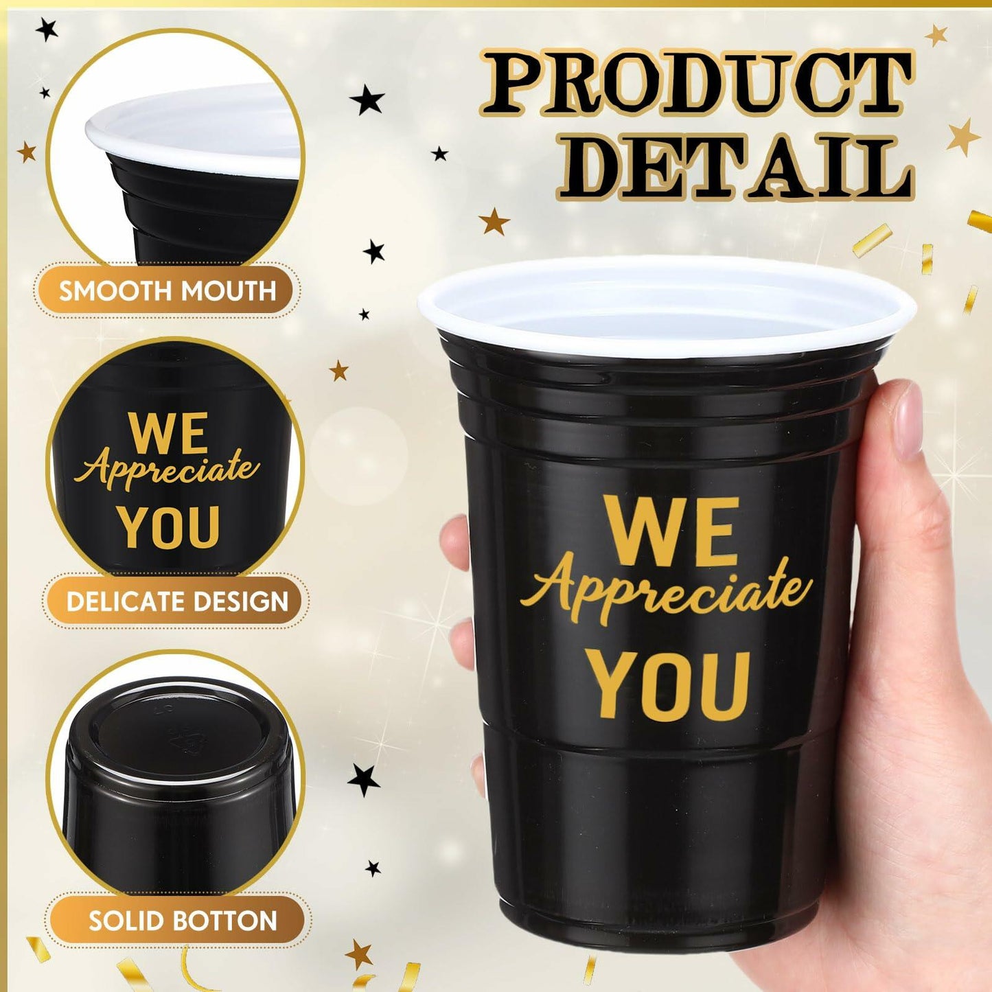 Jingmore 50 Pcs 16oz Disposable Bridal Shower Cups Black Gold