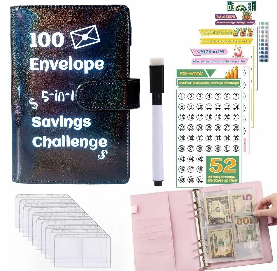 100 Envelope Challenge Binder 5-in-1 Budget Planner Shining Silver