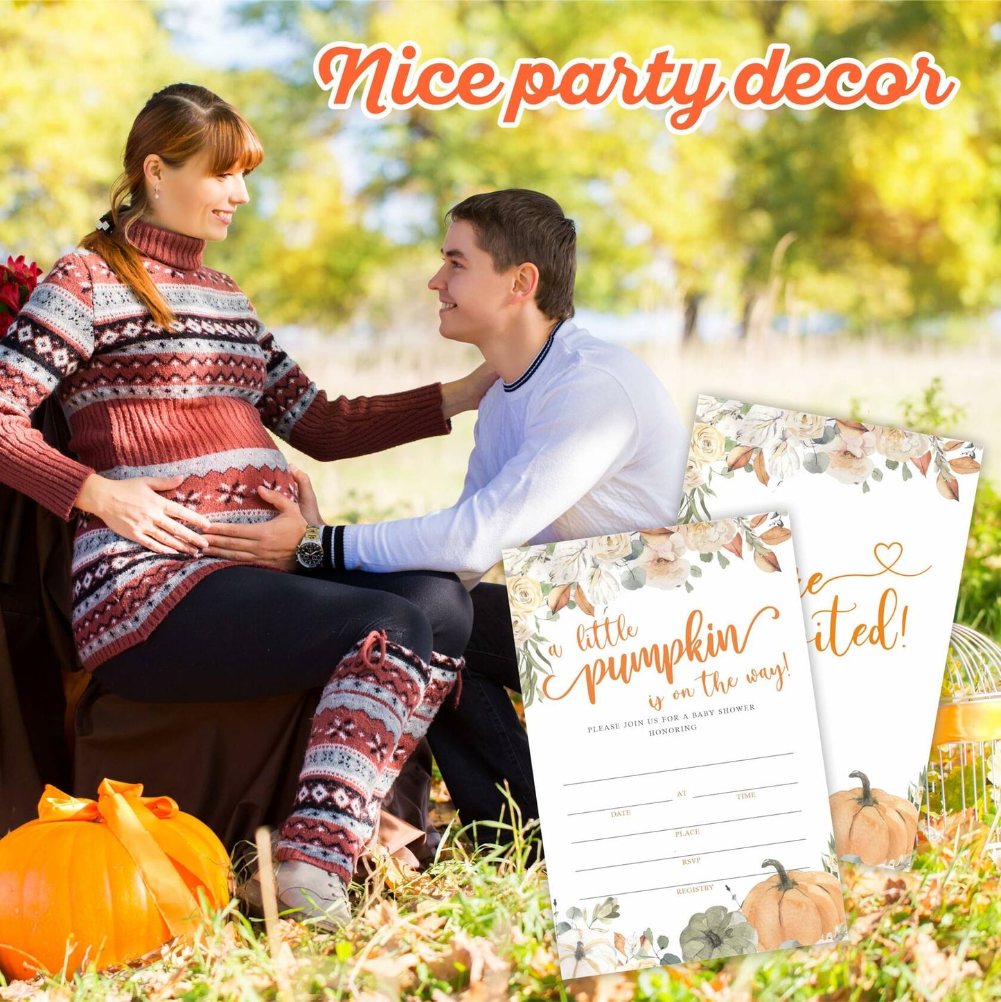 Autumn Theme Baby Shower Invitations Set of 25 Watercolor Pumpkin Floral C04