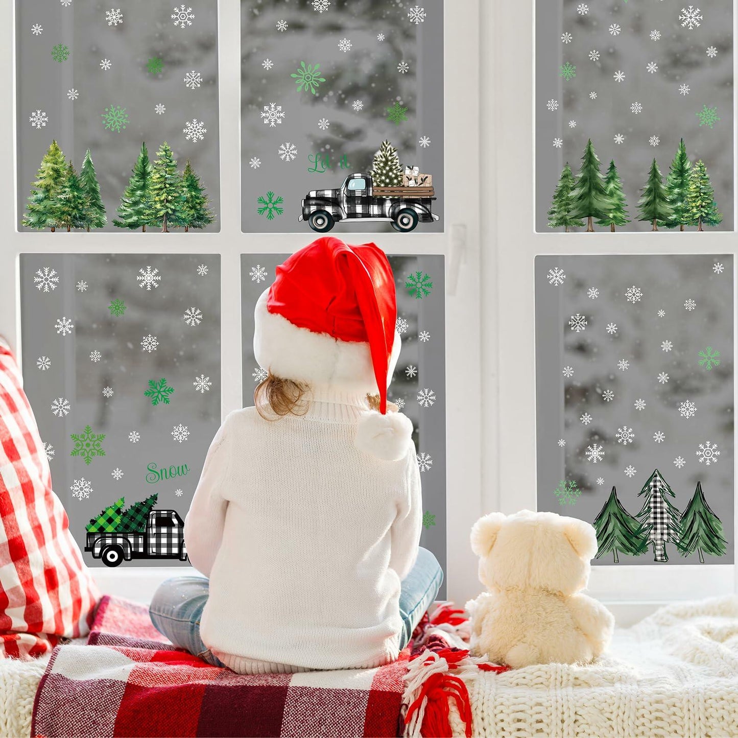 134 PCS Christmas Window Stickers Buffalo Plaid Truck Snowflake Black White
