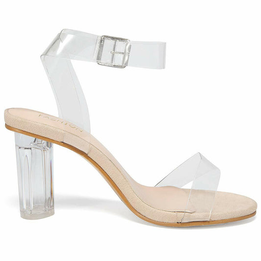 BOJIN Women Clear Heels Sandals Open Toe Ankle Strap Chunky Heel Nude Size 9