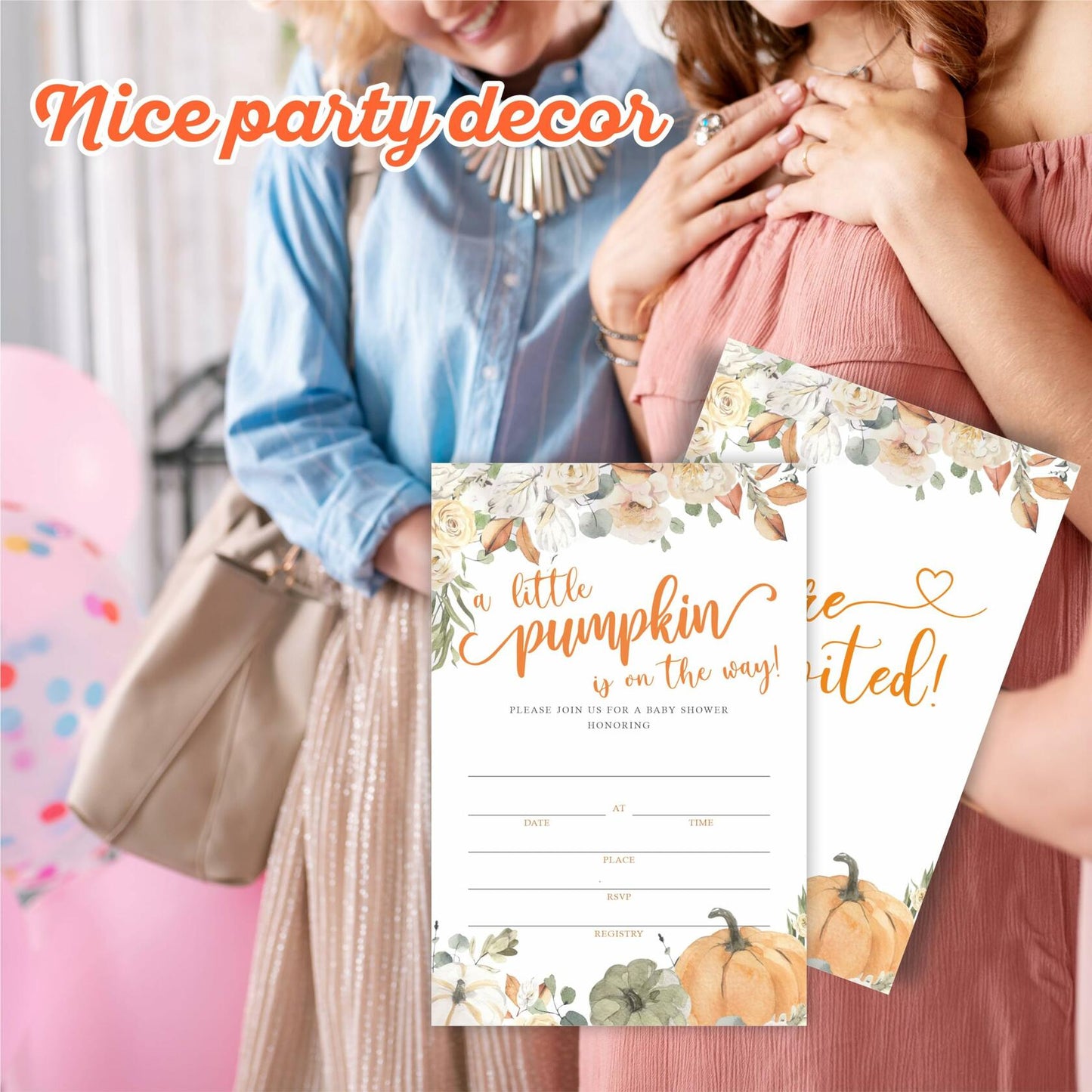 Autumn Theme Baby Shower Invitations Set of 25 Watercolor Pumpkin Floral C04