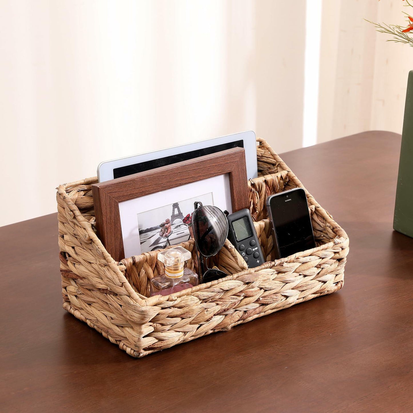HONGTAI-1 Wicker Magazine Basket Rattan Desk Organizer 4 Compartments