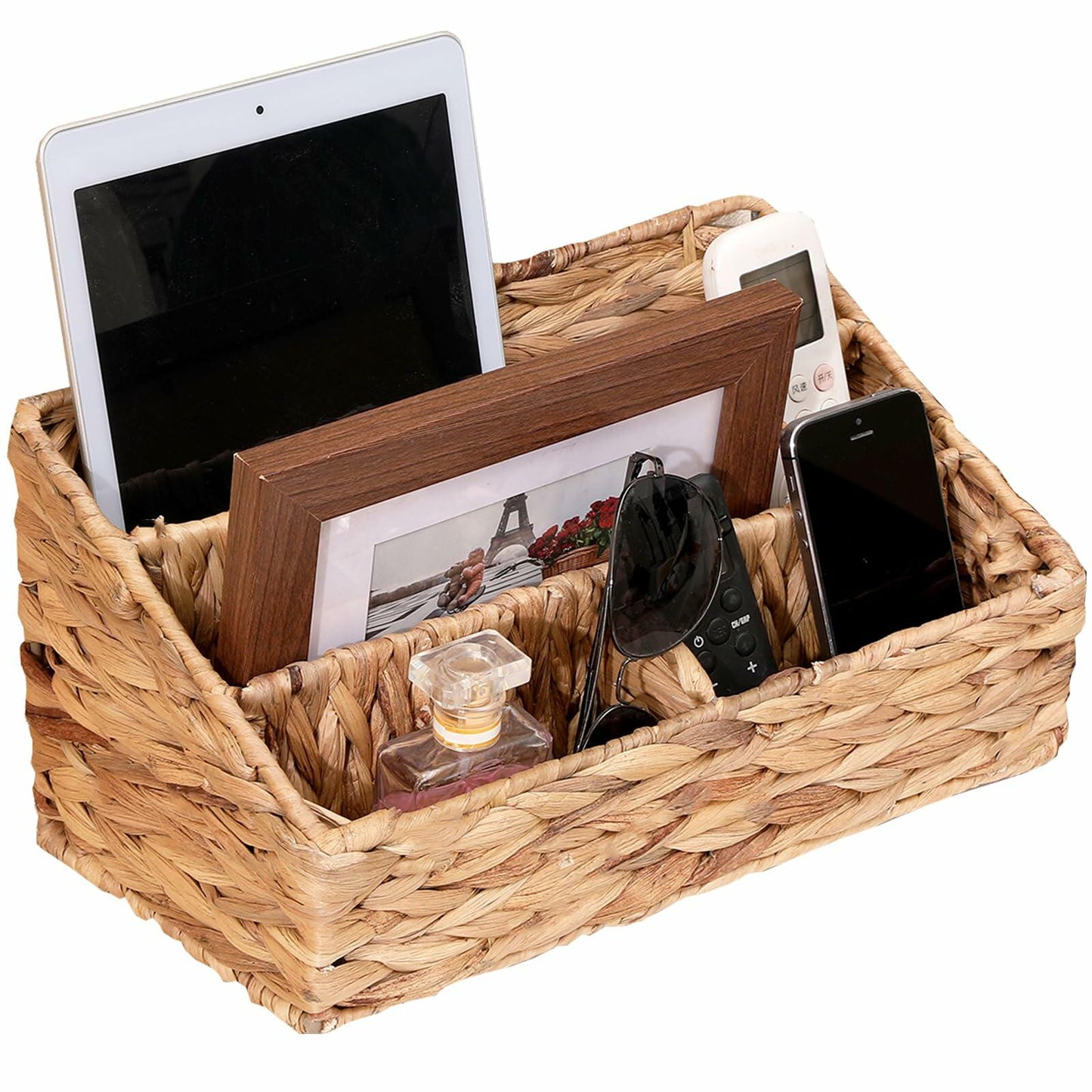 HONGTAI-1 Wicker Magazine Basket Rattan Desk Organizer 4 Compartments