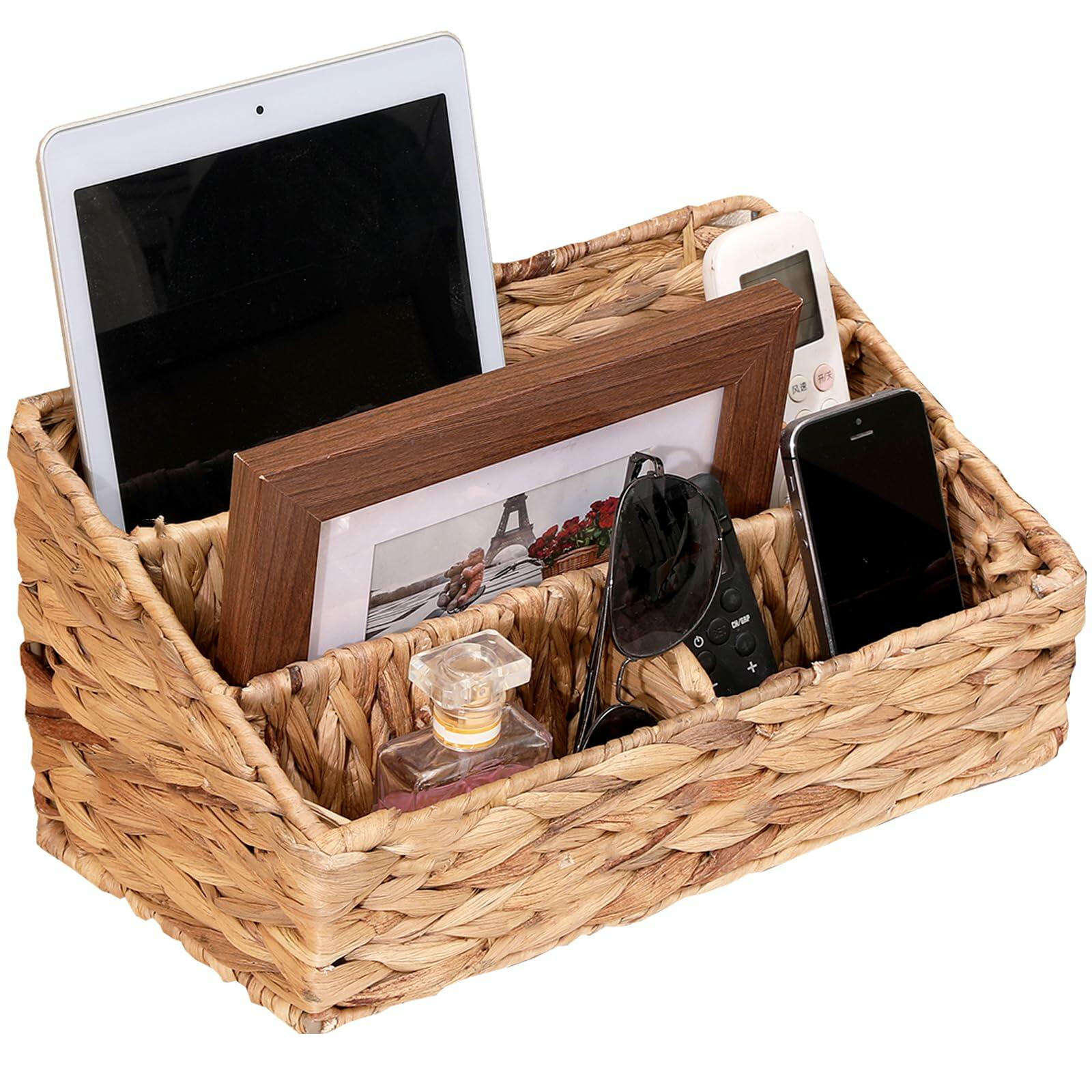 HONGTAI-1 Wicker Magazine Basket Rattan Desk Organizer 4 Compartments