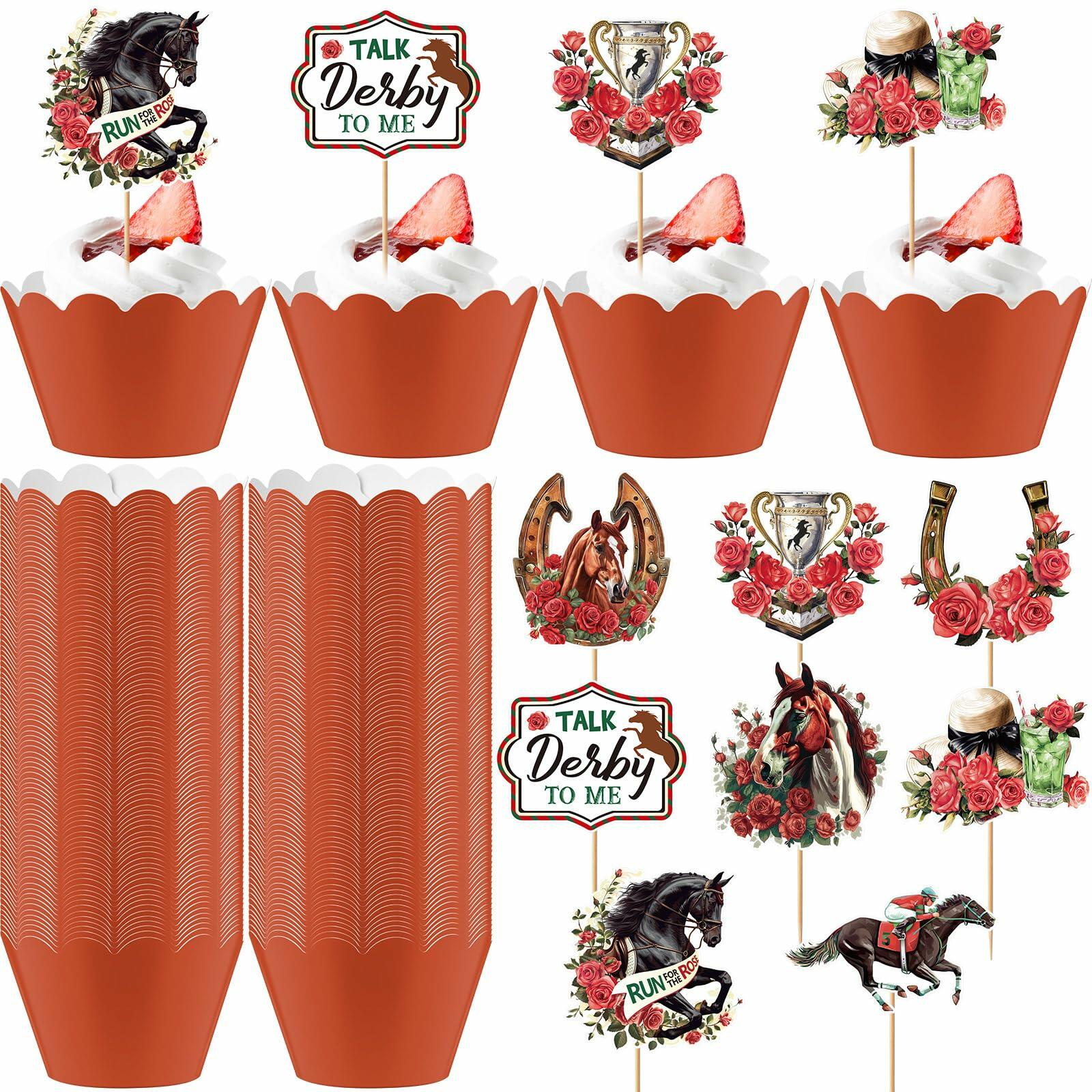 Kosiz 100 Pcs Horse Derby Cupcake Toppers Racing Party Supplies Kit