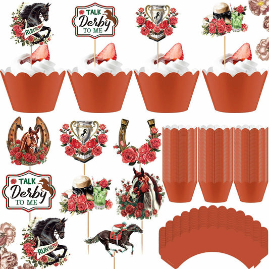 Kosiz 100 Pcs Horse Derby Cupcake Toppers Racing Party Supplies Kit