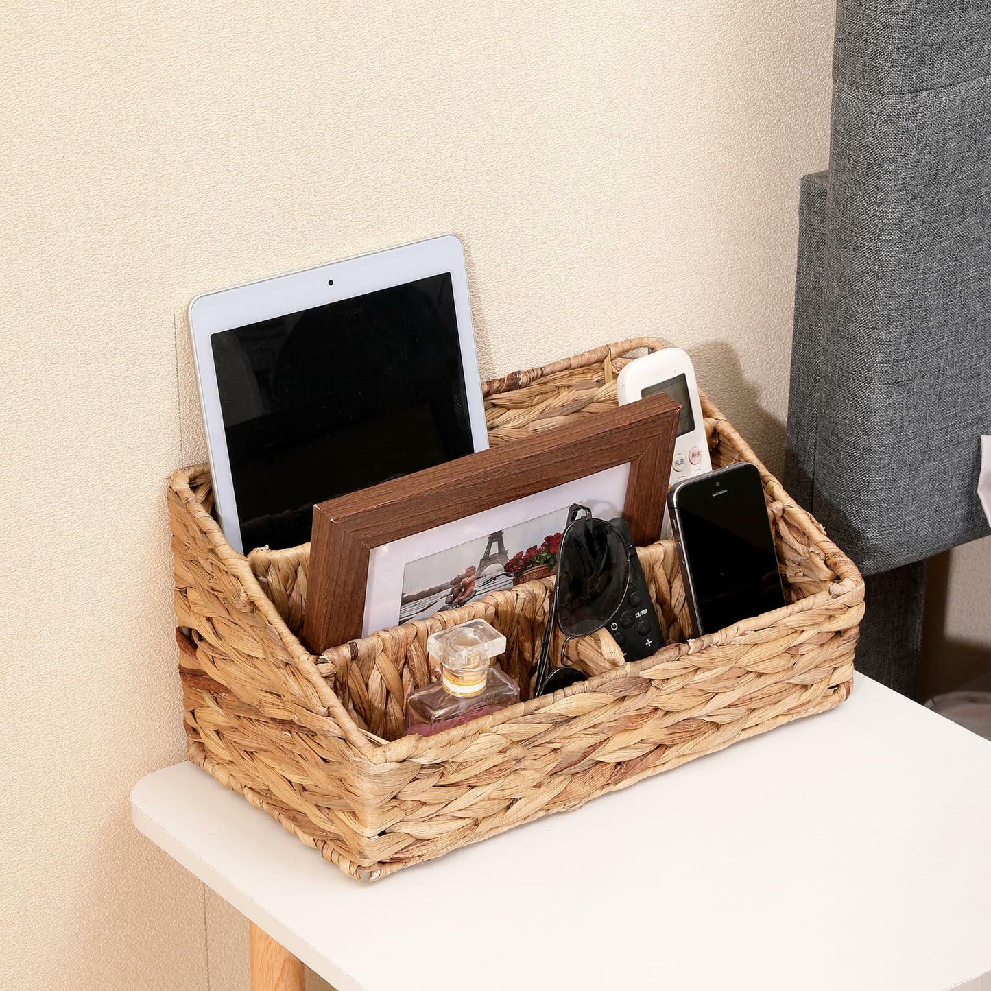 HONGTAI-1 Wicker Magazine Basket Rattan Desk Organizer 4 Compartments