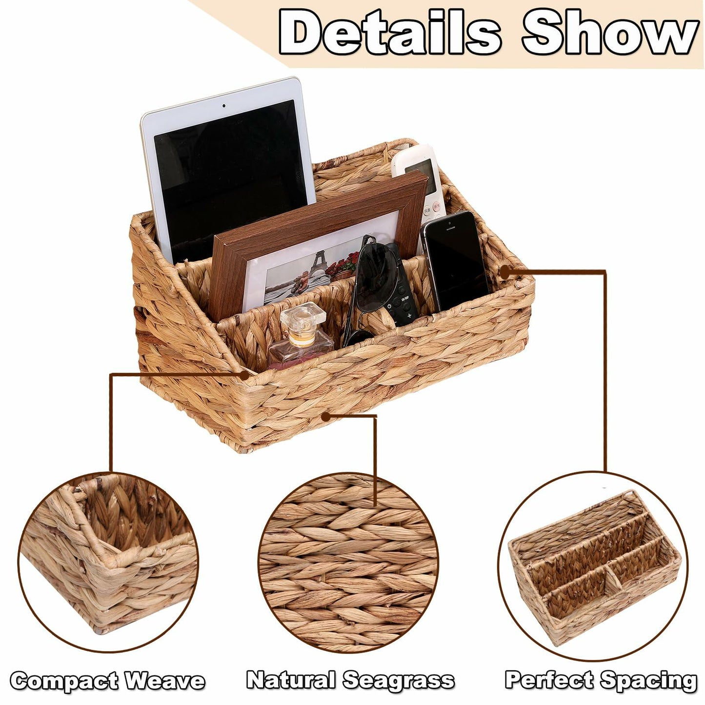 HONGTAI-1 Wicker Magazine Basket Rattan Desk Organizer 4 Compartments