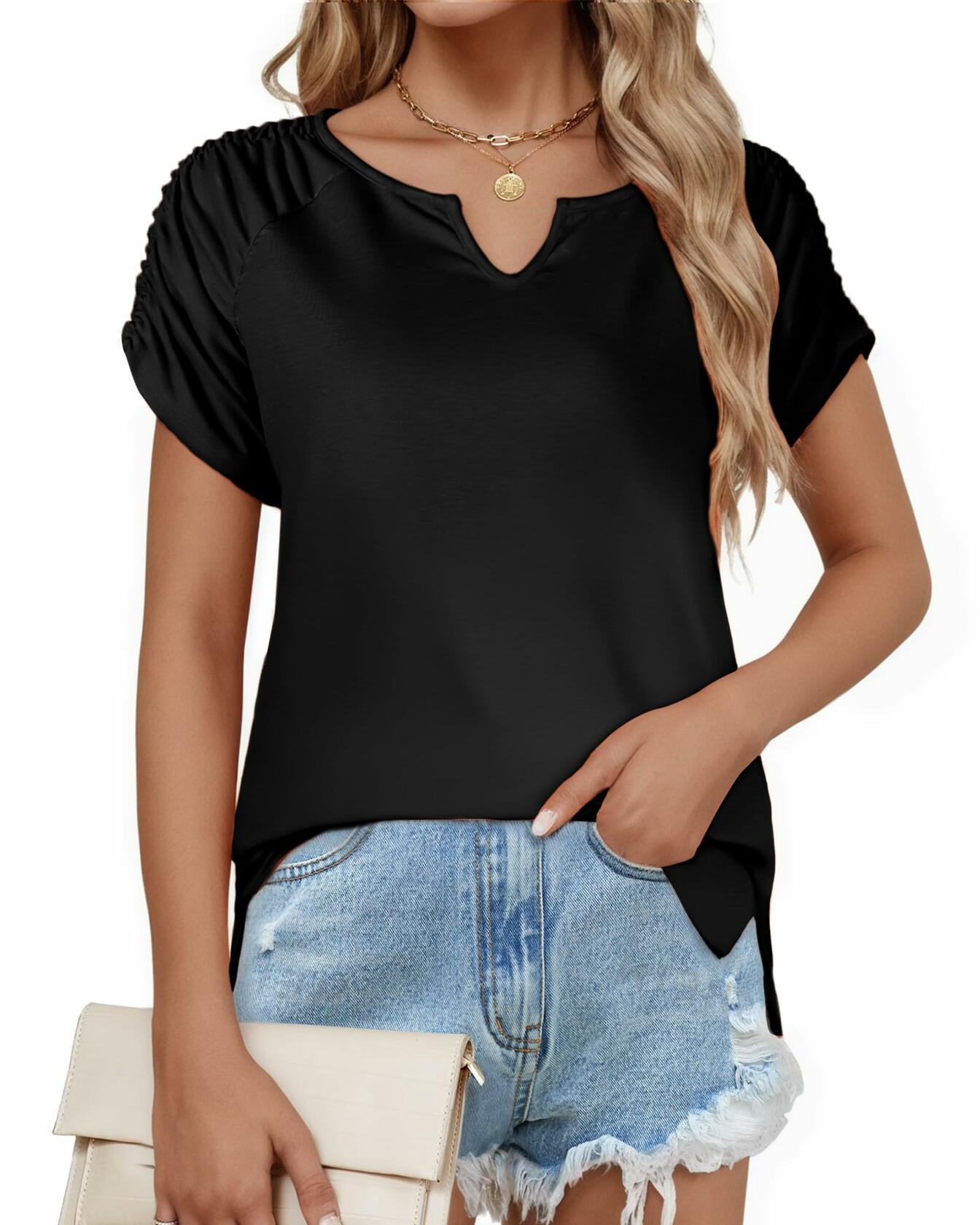 AURUZA Women's V Neck Short Sleeve Casual Shirt Blue Size S
