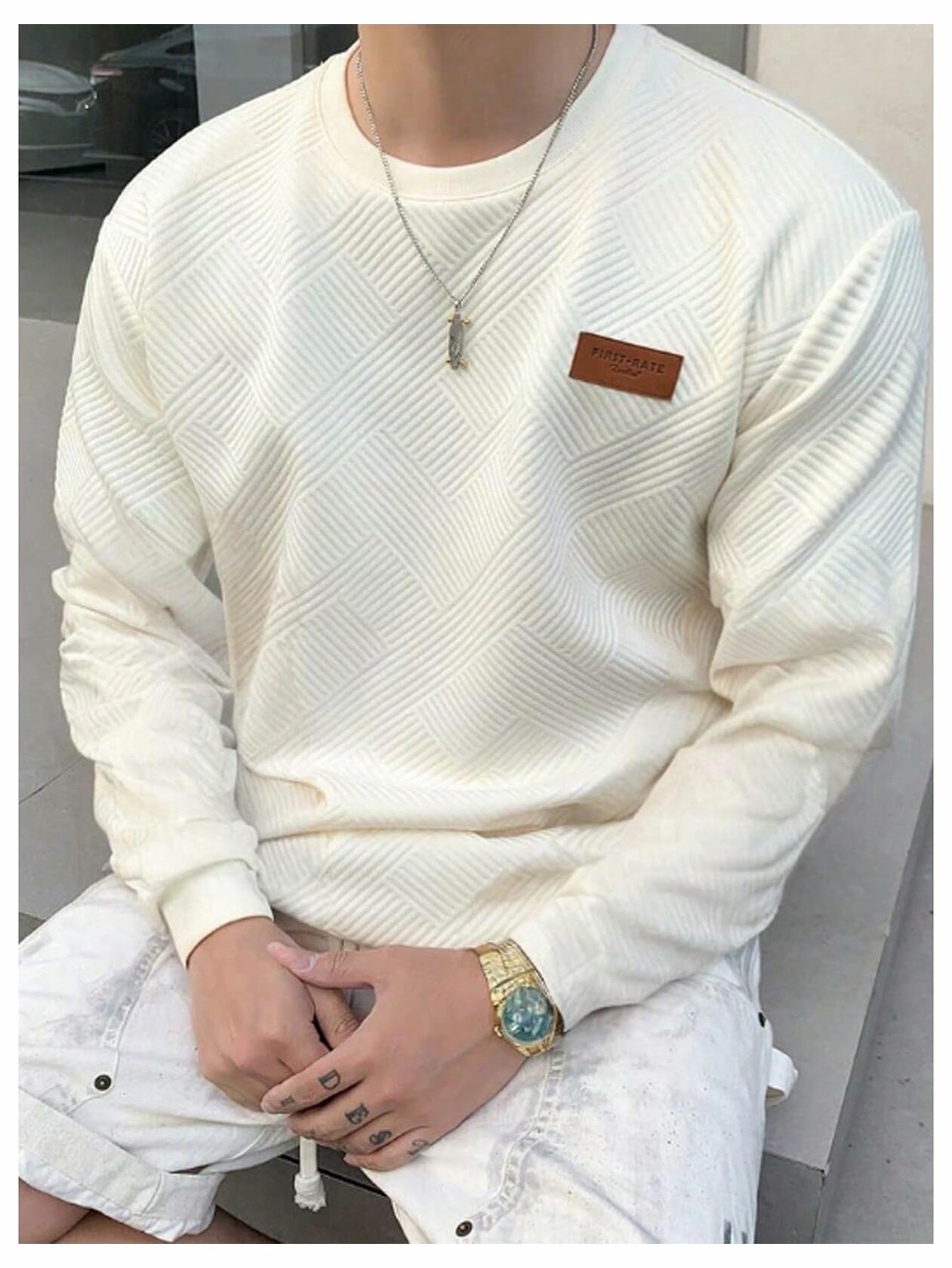Verdusa Men's Ribbed Round Neck Long Sleeve T-Shirt Beige Size XL