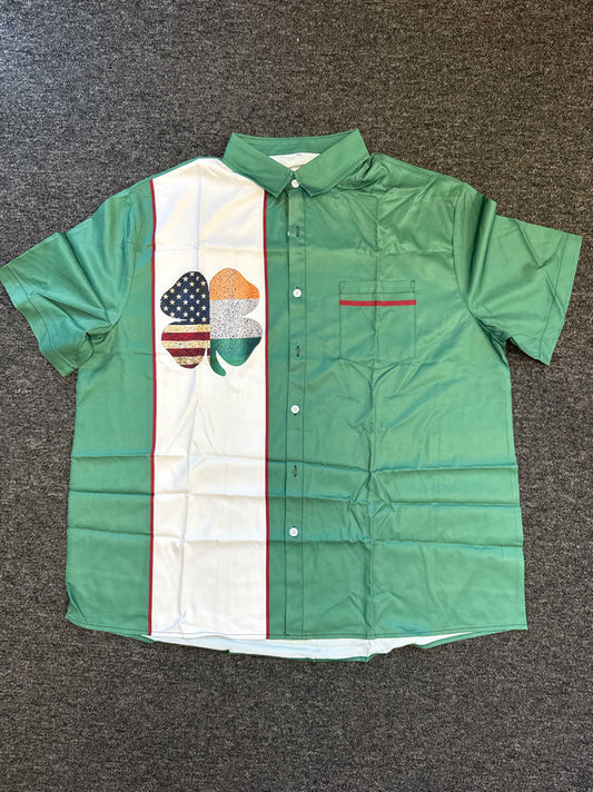 Mens St PatricksDay Flag Four Leaf Clover Button Down Shirt White Green Size 2XL