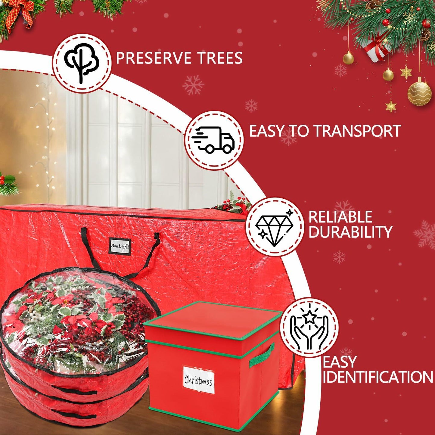 Falflor 4Pcs Christmas Tree & Ornament Storage Bags Organizer Green