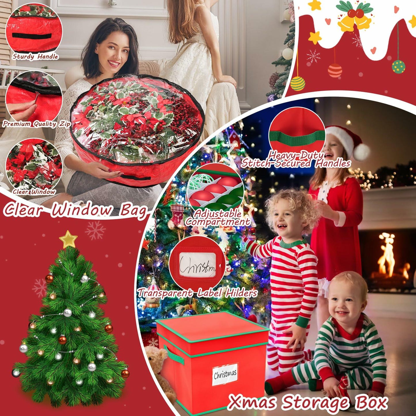 Falflor 4Pcs Christmas Tree & Ornament Storage Bags Organizer Green