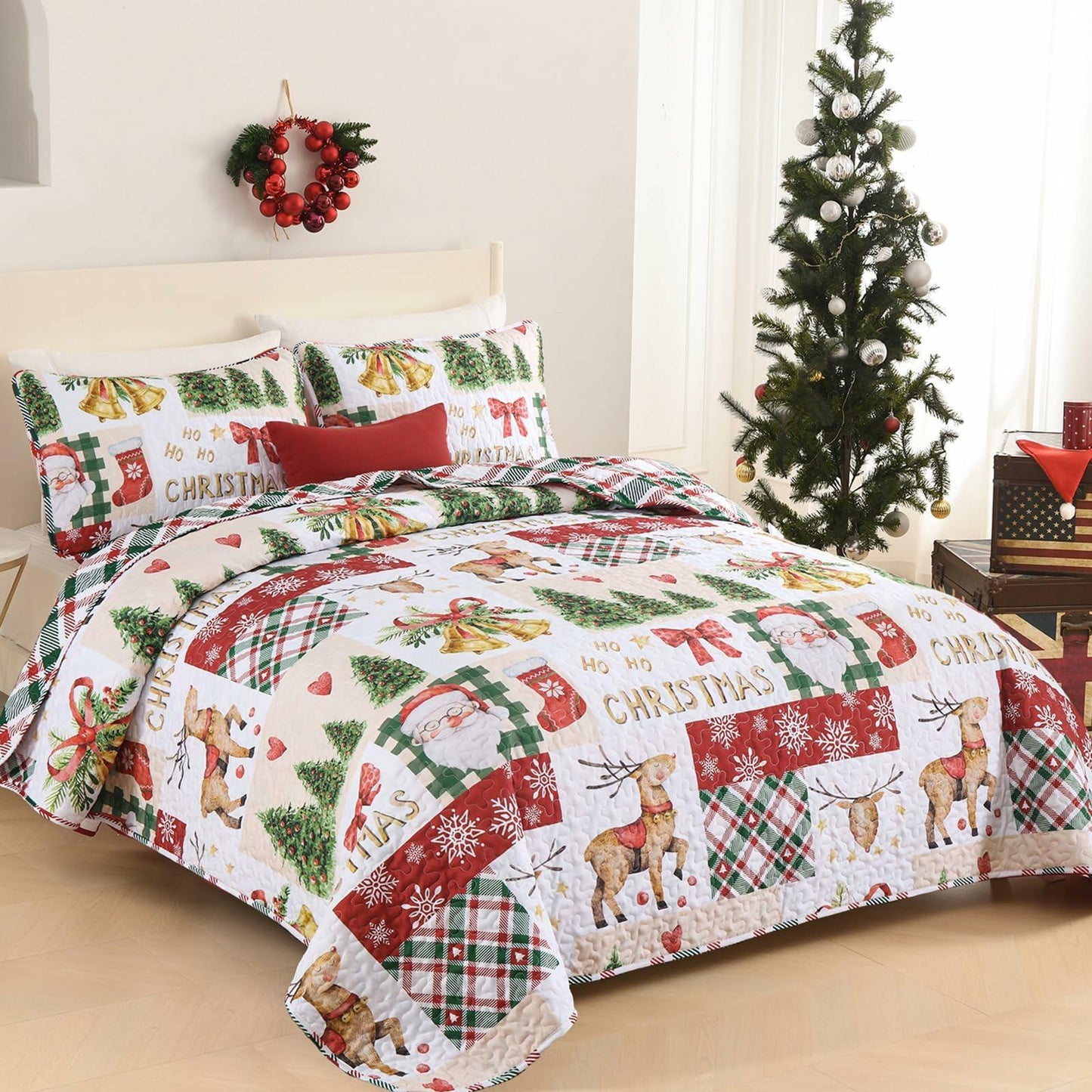Christmas Quilt Set King Size 3 Piece Red Plaid Santa Claus Tree 110x90