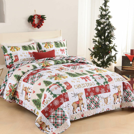 Christmas Quilt Set King Size 3 Piece Red Plaid Santa Claus Tree 110x90