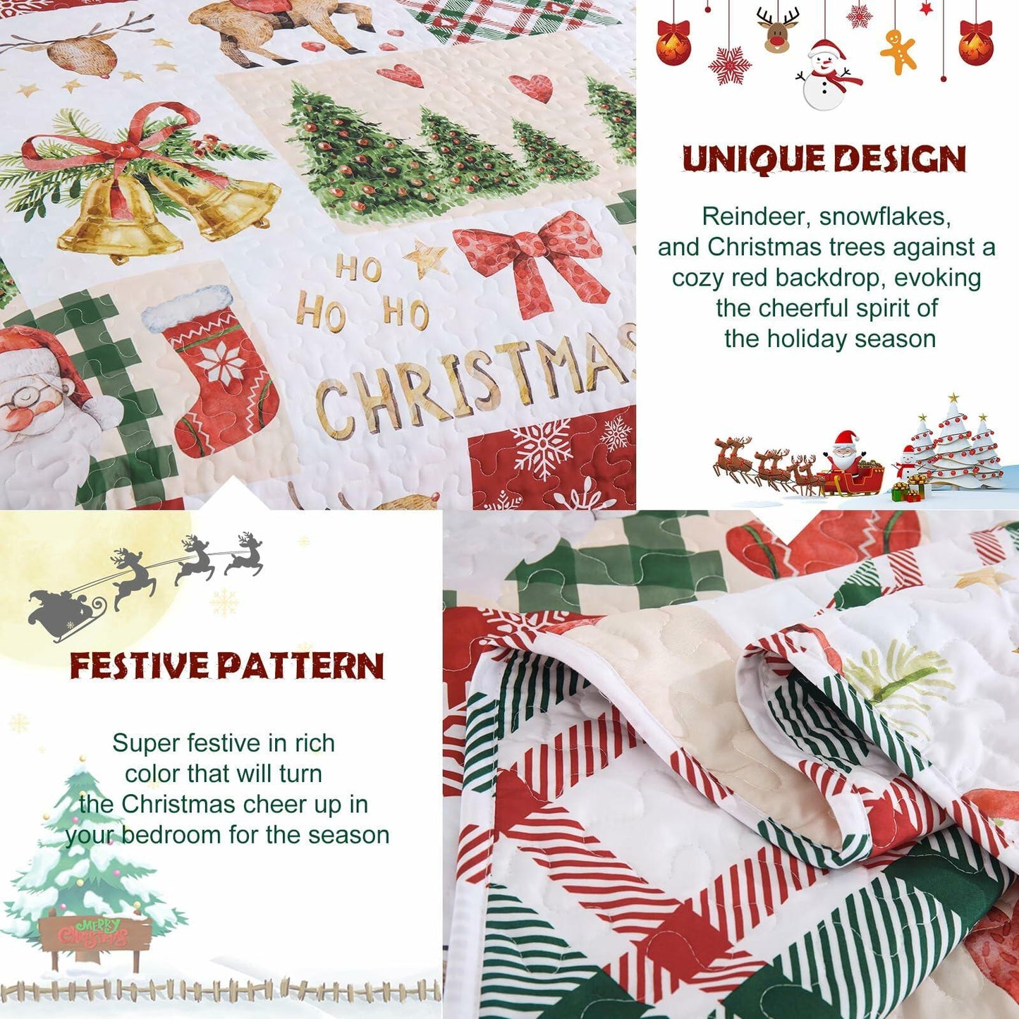 Christmas Quilt Set King Size 3 Piece Red Plaid Santa Claus Tree 110x90
