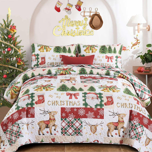 Christmas Quilt Set King Size 3 Piece Red Plaid Santa Claus Tree 110x90