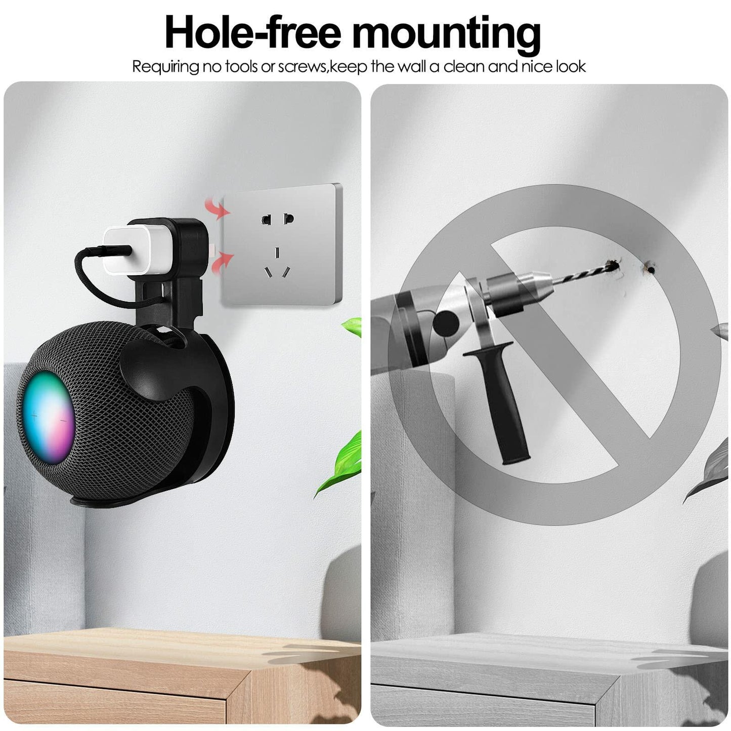 V-MORO HomePod Mini Wall Mount Holder Outlet Stand 2-Pack Black