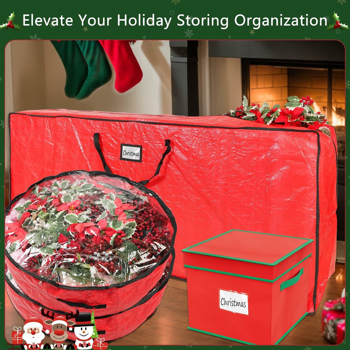 Falflor 4Pcs Christmas Tree & Ornament Storage Bags Organizer Green