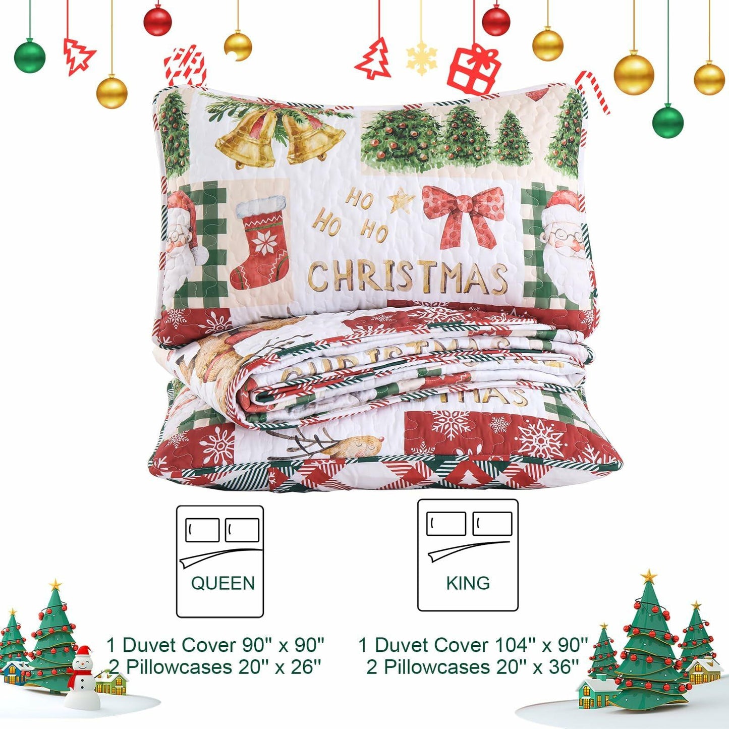 Christmas Quilt Set King Size 3 Piece Red Plaid Santa Claus Tree 110x90