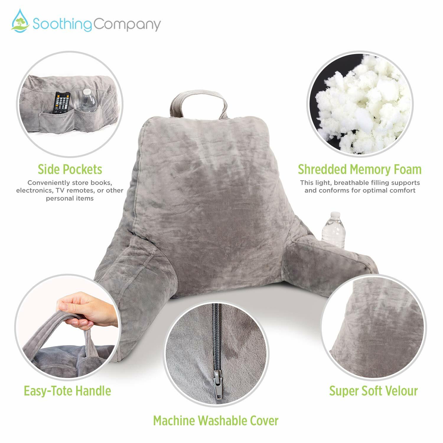 Soothing Company Reading Pillow Shredded Memory Foam Back Support Gray Standard