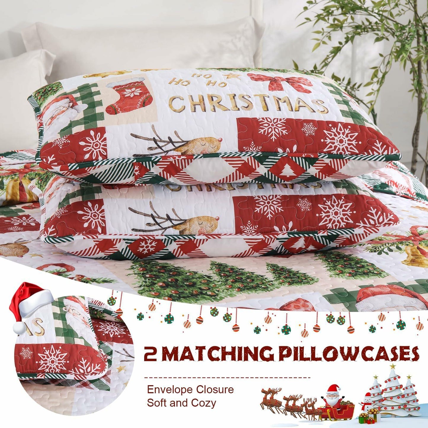 Christmas Quilt Set King Size 3 Piece Red Plaid Santa Claus Tree 110x90