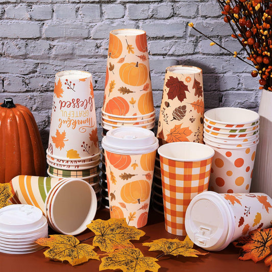 Umigy 60 Pack 16oz Fall Paper Coffee Cups with Lids & Stirrers 6 Designs