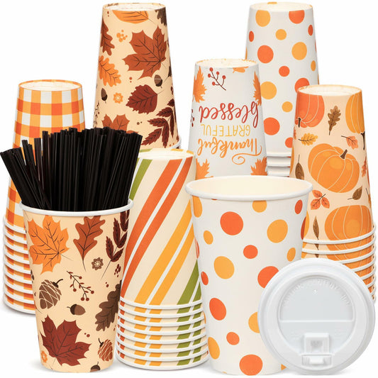 Umigy 60 Pack 16oz Fall Paper Coffee Cups with Lids & Stirrers 6 Designs