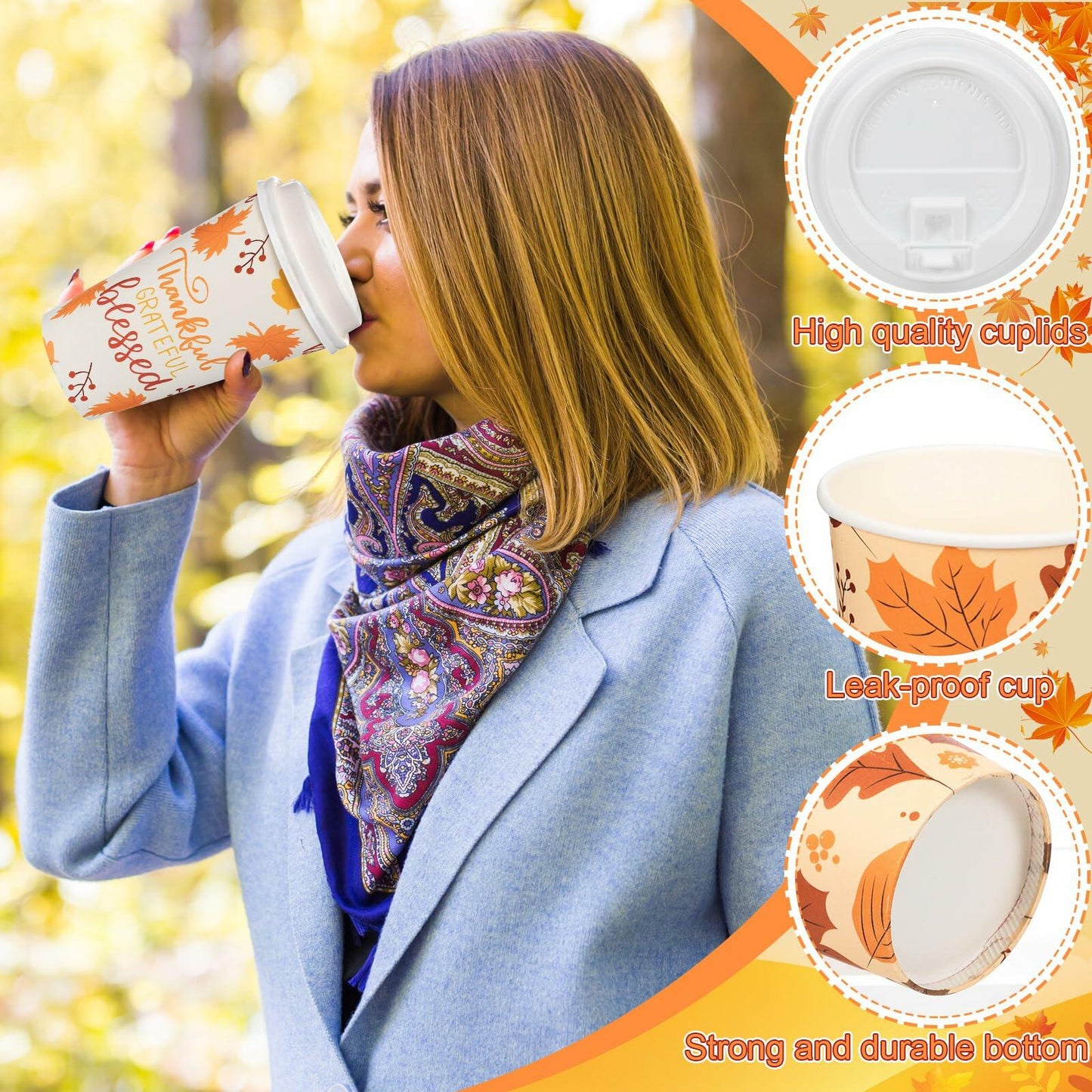 Umigy 60 Pack 16oz Fall Paper Coffee Cups with Lids & Stirrers 6 Designs