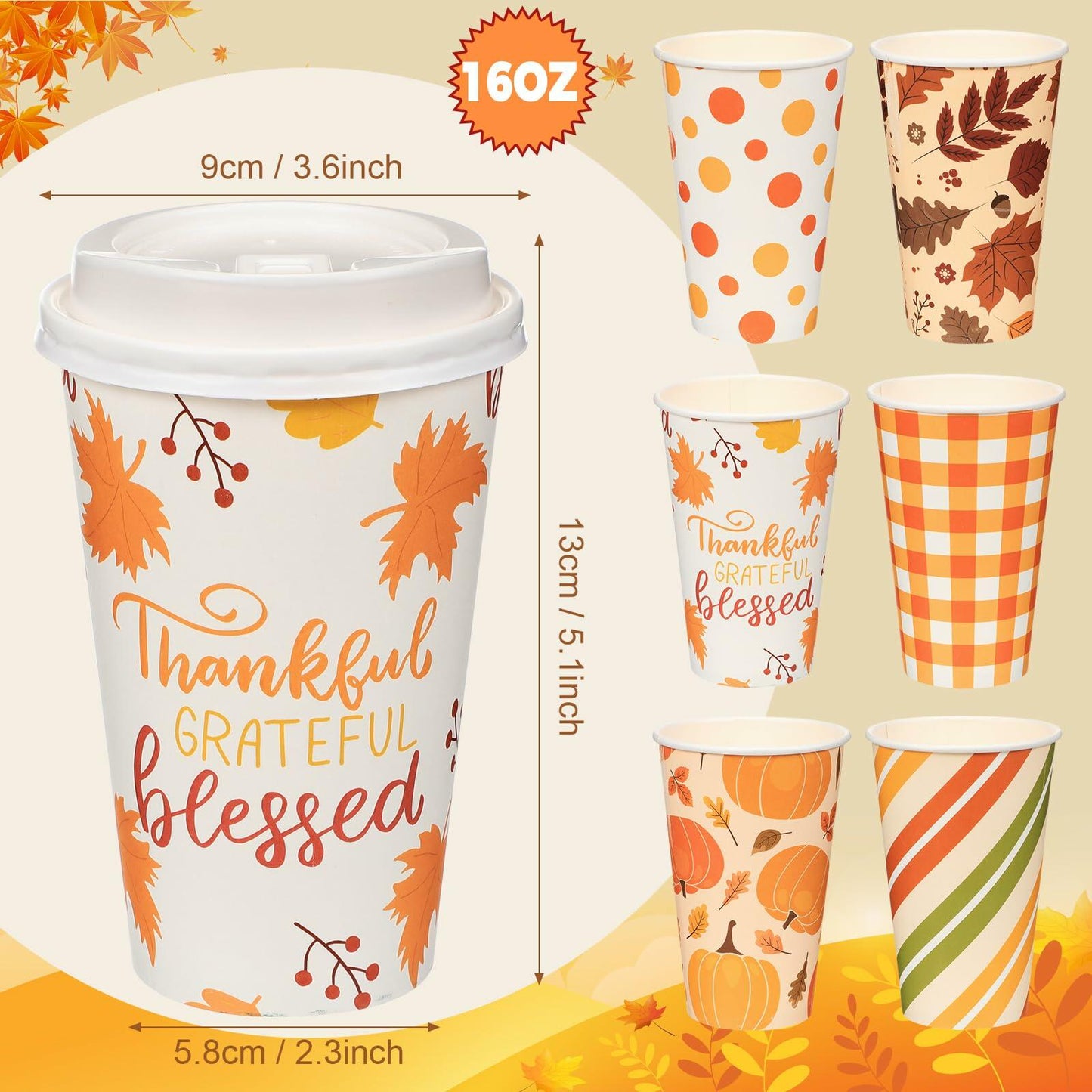 Umigy 60 Pack 16oz Fall Paper Coffee Cups with Lids & Stirrers 6 Designs