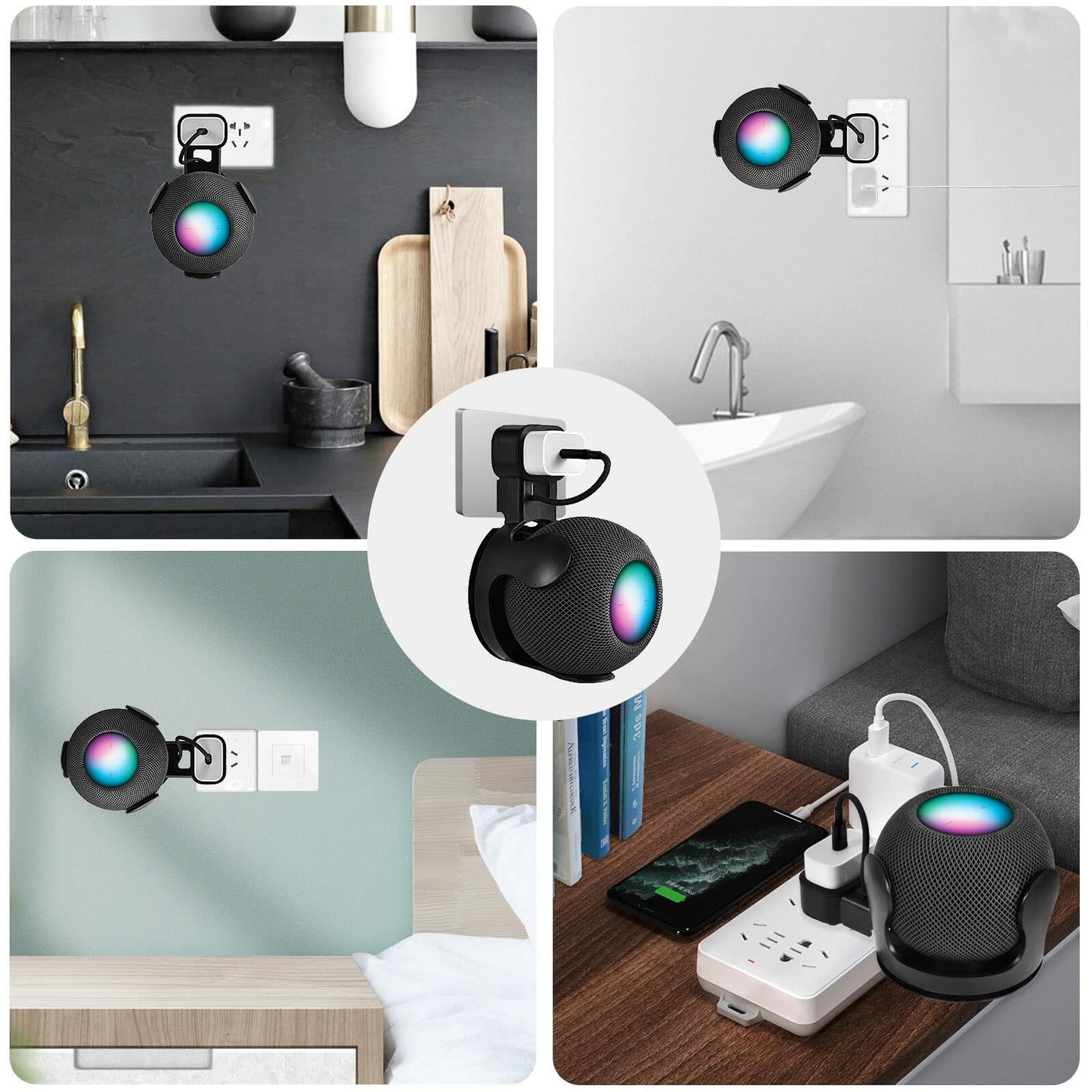 V-MORO HomePod Mini Wall Mount Holder Outlet Stand 2-Pack Black