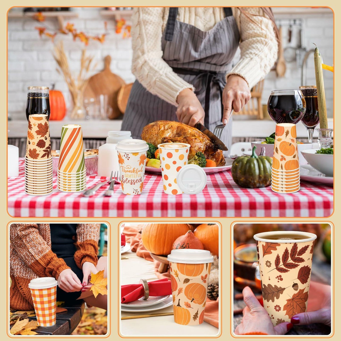 Umigy 60 Pack 16oz Fall Paper Coffee Cups with Lids & Stirrers 6 Designs