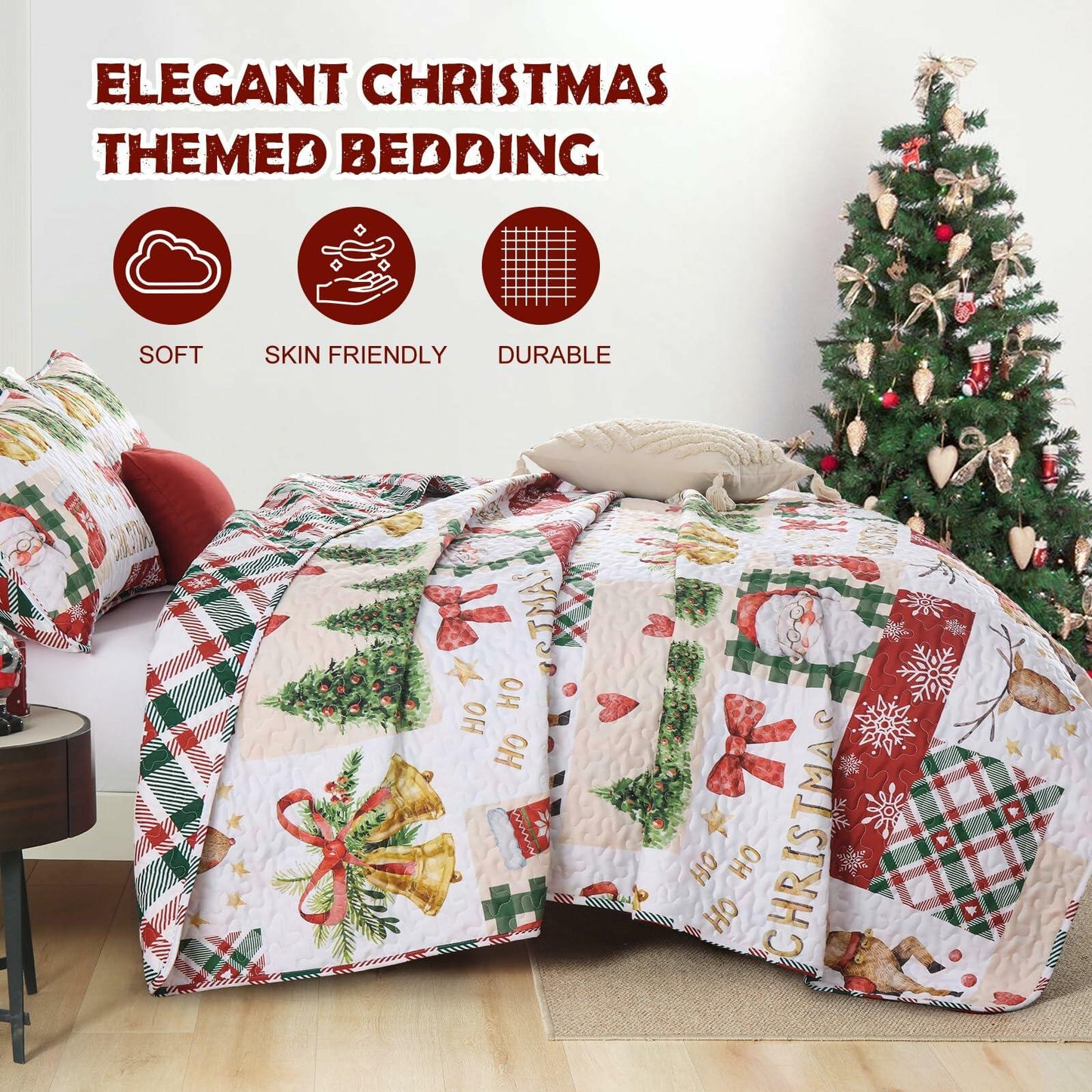 Christmas Quilt Set King Size 3 Piece Red Plaid Santa Claus Tree 110x90