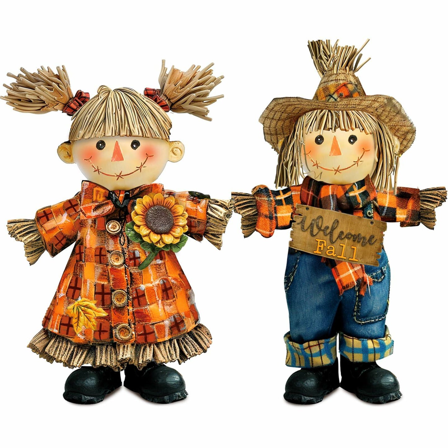 Moucuny 2 Pieces Harvest Scarecrow Resin Figurines Autumn Fall Decor