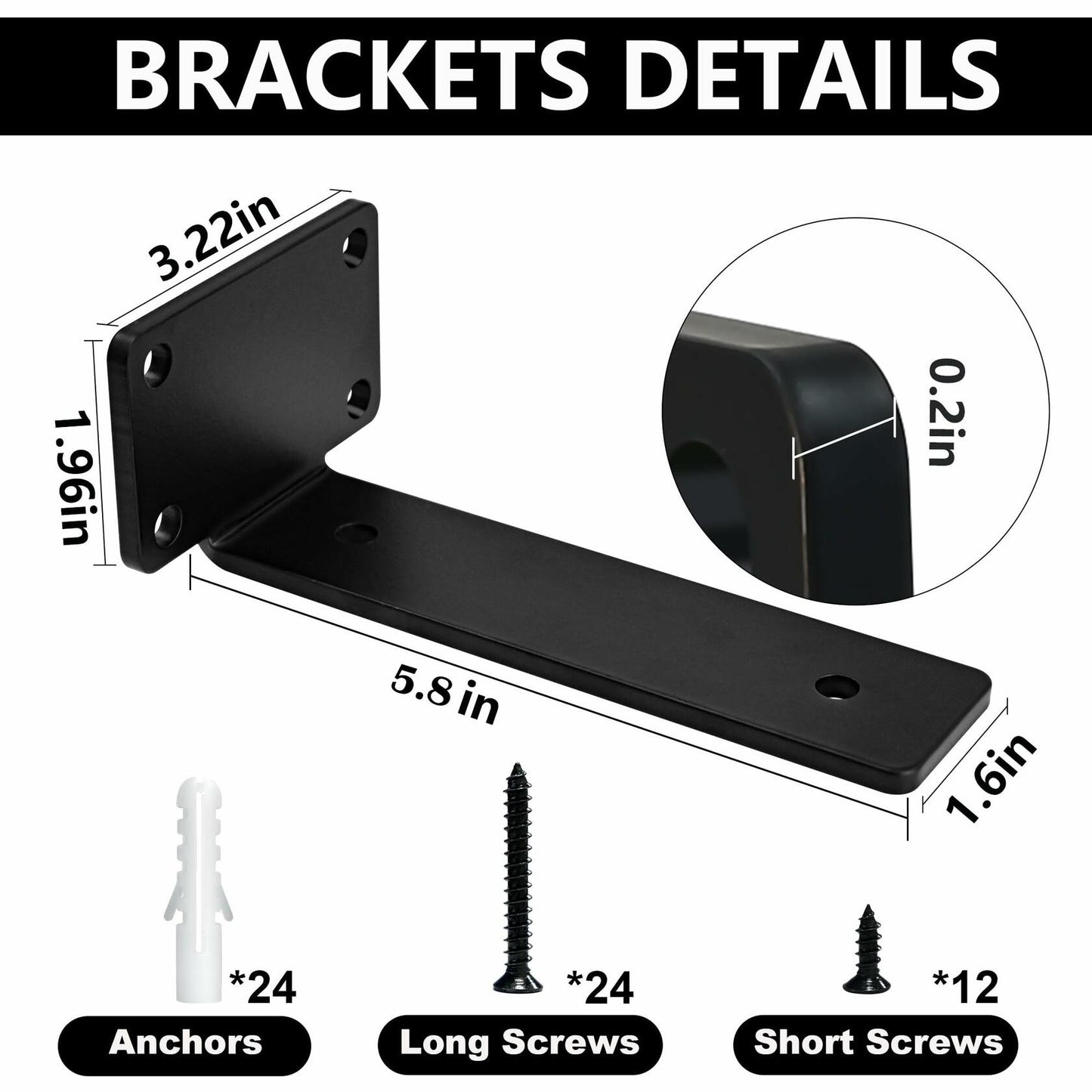 Shelf Brackets Heavy Duty Floating 6" Black Metal 6 Pack 1/5" Thick 160lb
